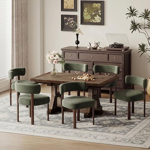 COLAMY Wooden Dining Chairs Set of 6, Velvet Fabric Chairs for Dining Room with Open Curved Backrest and Thick Seat Cushion, Upholstered Kitchen Chair with Anti-Slip Pads, Green