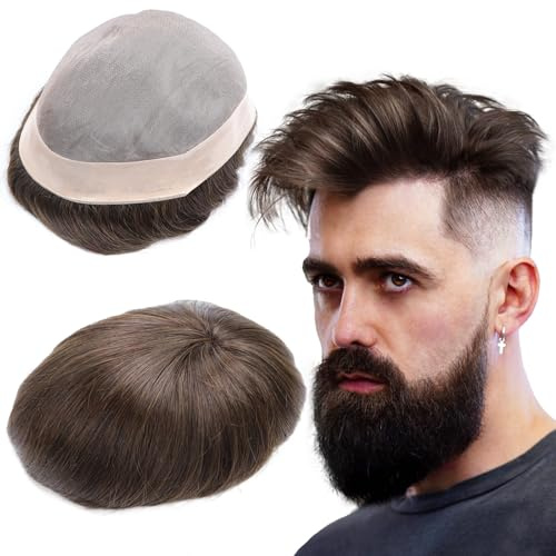 lumeng Mens Hairpieces Toupee for men Human Hair Durable Mono Lace With NPU 6x8 Inch Color 2# Replacement System Natural Hairline Hair System for Men Strong Hold Mens Toupee For Thinning Hair