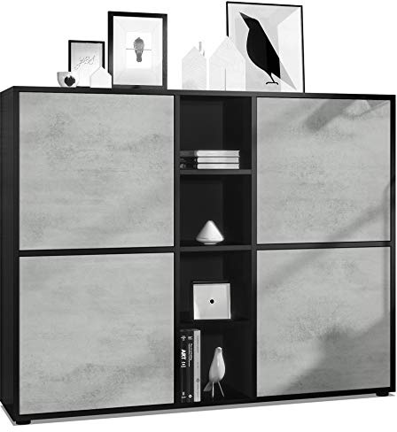 Vladon Highboard Cuba V3, Made in Germany, Schwarz matt/Beton Oxid Optik - Moderne Anrichte mit 12 Fächern (130,5 x 105,5 x 35,5 cm)