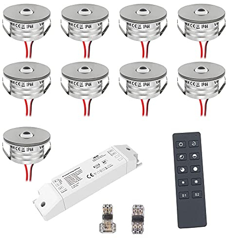 VBLED® 9er Funk Set 3W Mini-Einbauspot Einbaustrahler warmweiß 3000K IP44 12V DC Warmweiss Inkl.LED Trafo und Verbinder Unbegrenzte Möglichkeiten: Terrasse, Bad, Wohnbereich [Energieklasse A+]