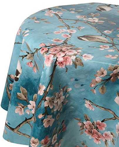 Wachstuch Wachstischdecke Tischdecke Gartentischdecke Vogel Spatz Türkis Oval 130 x 180 cm abwaschbar gefaltet