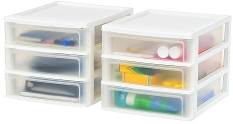 IRIS USA Plastic Stacking Desk Top 3-Drawer Storage Organizer, 2-Pack, for Makeup Vanity Nail Polish Bathroom Stationery Art Craft Supplies Kitchen Office Garage and Small Organization, Medium, White