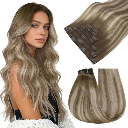 Easyouth Clip in Extensions Echthaar Blond Balayage Clips in Echthaar Extension Dunkelbraun Aschbraun Balayage Mittelblond Extension Clip in Remy Menschenhaar Unsichtbar 7pz 35cm 70g #3/8/22