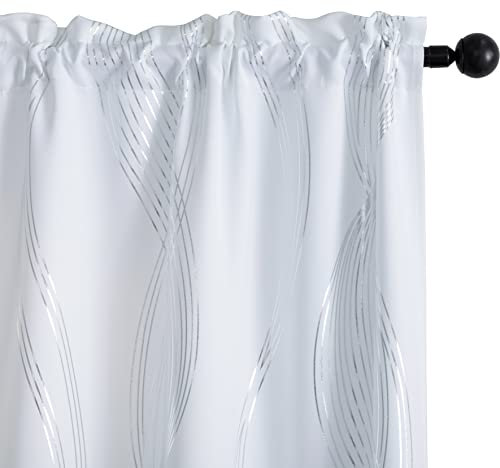 GIRASOLE HOME® Coppia Tende Oscuranti Termiche Morbide Fantasia Onde Argentate Tenda Isolante per Soggiorno Camera e Interni 2 Pannelli con Tasca (70x145cm, Bianco)