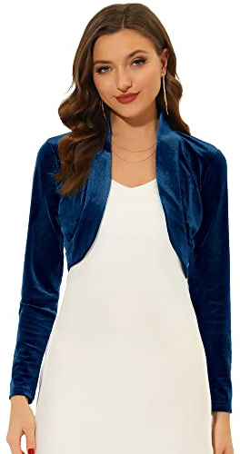 Allegra K Women's Long Sleeve Velvet Shrug Cocktail Party Open Front Cropped Bolero Cardigan Top Medium Dark Blue