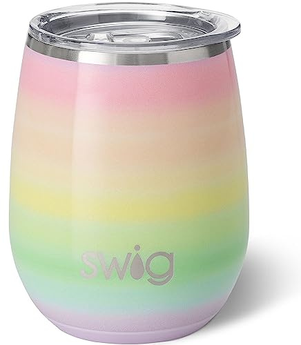 Swig Life Bicchiere da vino da 396,9 g senza stelo, bicchiere da vino isolato con coperchio, bicchiere da viaggio in acciaio inossidabile (sopra l'arcobaleno)