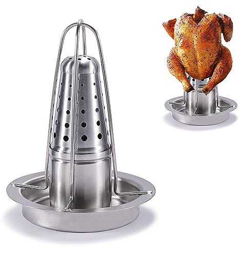 AMOZO Bierdosenhalter für Grill und Smoker – hochwertiger Edelstahl Hühnerhalter – Geflügelbräter mit Aromabehälter (1 Stück)