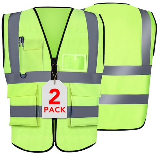 XPCARE 2-Pack Reflective Safety Vest For Women Men, Green High Visibility Security Vest- Pockets and Zipper Front - Neon Green Color(Large)