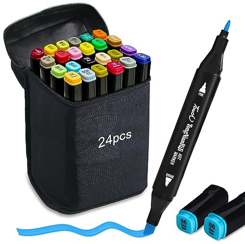 Autoau Alkohol Marker Stifte 24 Fraben Alcohol Stifte Set Twin Tip Design Manga Stifte Permanent Marker Alkohol Filzstifte für Zeichnen Gestalten Skizzieren Handlettering Tagging