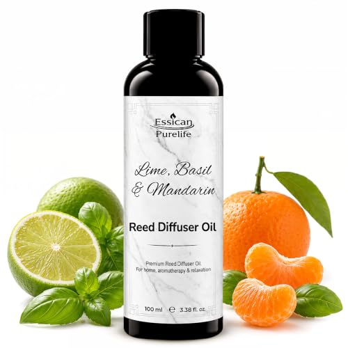 Essican Purelife Lime Basil & Mandarin Reed Diffuser Oil Refill, 100ml | Luxury Oil Diffuser Refills, Fresh, Zesty, for Home Office or Car, Gentle Room Fragrance, Aromatherapy, Long-Lasting Scent