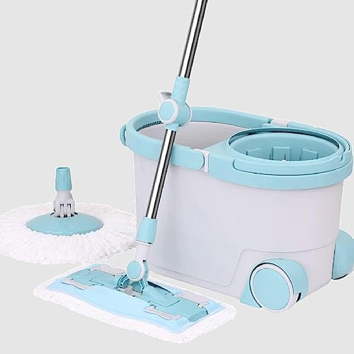AMNOOL Spin Mop Bucket 360 Sistema de Limpieza de Piso Giratorio con Cabezal de Trapeador de Piso Plano y Cabezal de Trapeador Redondo, Mango Extendido de 53,5 Pulgadas, 2 Ruedas para Limpieza