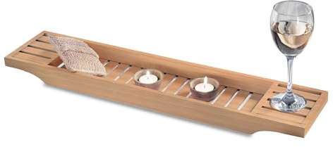 rightclick Bathtub Tray Wooden Tub Orgainzer Over Bath Rack for Holding Sponges, Soap, Book, Razors, Shampoo, Tablet and more Bathtub Storage Organizer_70 x 14.8 x 4.5cm (Natural)