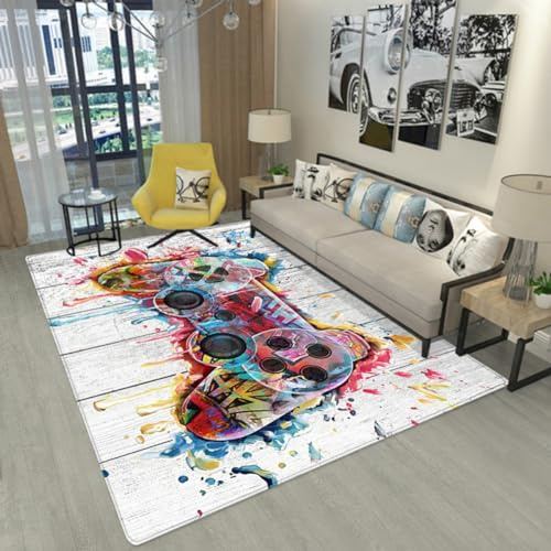 Xisnuient Gaming Console Controller Area Rug White Graffiti Console Rug Lightning Kids Boys Girls Teenagers Bedroom Game Mats Non-slip Crawling Cushion Living Room Sofa Throw Carpet (White,80x120 cm)