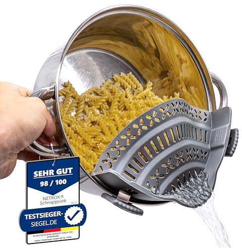 Passoire Clipsable Universelle en Silicone - Sans BPA - Demi Passoire avec Bec Verseur pour Casseroles - Gadget Cuisine Pratique pour Égoutter Pâtes et Aliments - Compacte, Tamis, Inox, Chinois