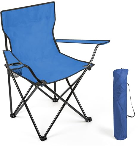 BESCH Silla Plegable para Camping de Acero con Portavaso 45x45x80cm Carga Máxima 110Kg - Silla para Exterior, Picnic, Jardín y Pesca (Azul)