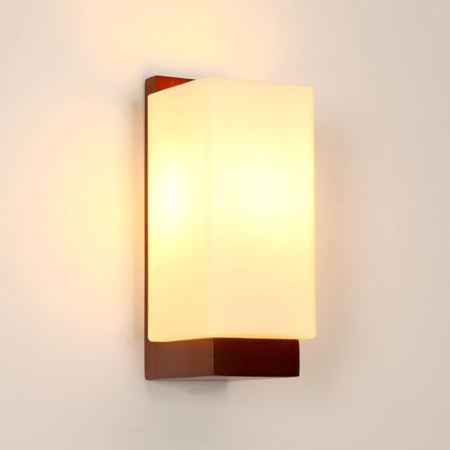 Comely Holz Wandleuchte Innen Vintage Wandlampe mit Glas Schirm, E27 | Elegante Wandbeleuchtung für Wohnzimmer Korridor Schlafzimmer Flur (Braun)