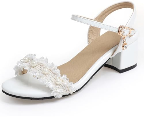 OALEEN Sandales Femme Eté Petit Talon Carré Bride Cheville Perles Vernis Bout Ouvert Confortable Chaussures Soirée Mariage Blanche 38