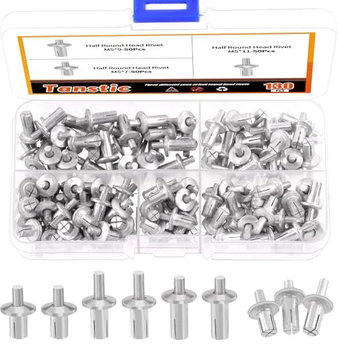 Tanstic 130Pcs 3 Sizes Half Round Head Aluminum Core Rivet Drive Rivets Hammer Drive Rivets Knock Type Expansion Aluminum Rivet for Home Industry (M5x7,M5x9,M5x11mm)