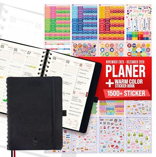 colortouch Kalender 2026 mit 1500+ St Sticker für Terminkalender, Aufkleber Set für A5 Monatsplaner, Terminplaner Ringbuch mit Stickeralbum, 14 Monate Wochenplaner auf Deutsch (Nov 25-Dez 26)