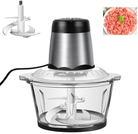 Hachoir à viande électrique Hachoir à viande avec bol en verre d'une capacité de 2L, 4 lames tranchantes durables, 2 vitesses réglables pour la viande, les légumes, les fruits et les noix