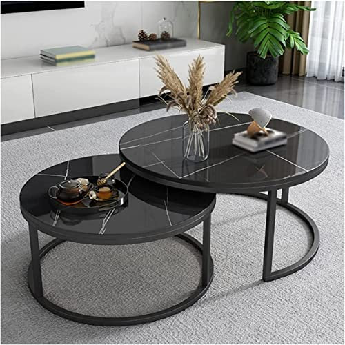 MPFYRCOJ Runder Couchtisch für Wohnzimmer, Satztische, 2er-Set, Satztisch für Sofa, Beistelltisch, Planke und schwarzer Stahlrahmen für Wohnzimmer, Schlafzimmer, Home Office
