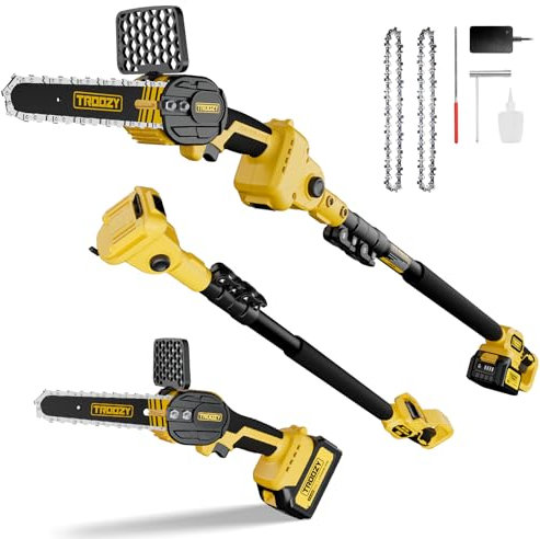 TROOZY Mini Kettensäge 2-IN-1 Hochentaster, Akku 3000mAh Bis Zu 100min, Brushless Motor, Astschere Teleskop Elektro (6Zoll/15cm, 21V, bis 4,57m), Mit 9 Neigung, Elektrische Astsäge Mit Teleskopstiel