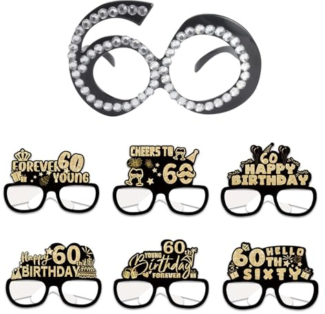 VEGCOO 7 Pezzi 60° Occhiali per Feste di Compleanno - 1 Occhiali luccicanti e 6 Decorazione Di Occhiali Di Carta per Festa, Compleanno Costume Photobooth Prop Felice Forniture per Feste