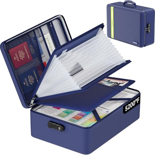 Feuerfeste Dokumententasche, viele Taschen, wasserdichte Dokumentenbox mit Reißverschluss, 4-lagiger wichtiger Dokumenten-Organizer, tragbar, für Zuhause, Reisen, Büro, Blau