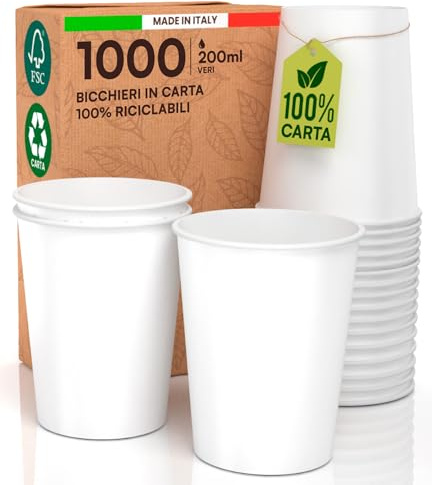1000 Bicchieri Bianchi in Carta Usa e Getta per Acqua Caffè Bevande Fredde e Calde da 200ml Made in Italy di Colore Bianco Biodegradabili Compostabili Ecologici Eco Friendly - 100% Carta