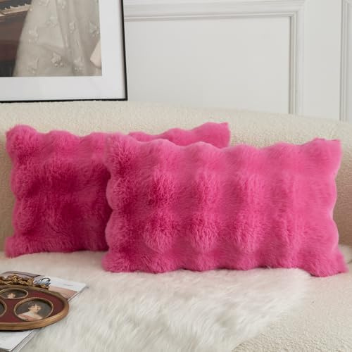 Mandioo 2er Set Luxus Dekorativ dicken Woll Kissenbezug Super Soft Wave Blase Plüschwolle werfen Kissenbezüge Zierkissenbezüge Sofakissen Schlafzimmer Kissenhülle für Sofa 40x80cm heiß pink