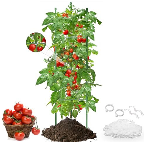 Isheurg Tomaten Rankhilfe,130cm Rankhilfen Gurken Kletterpflanzen,Einstellbar Höhe Garten Rankhilfe für Tomate, Gurken, Rosen, Garten,rankgitter Metall,Mit 50 Stück Pflanzenclips
