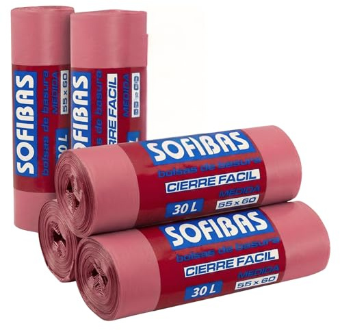 SOFIBAS 5 Rollos de Bolsas de Basura 30L (75 Unidades) con Autocierre | Resistentes, Prácticas e Higiénicas | Ideal para Uso Doméstico | Bolsas de Plástico | Económicas