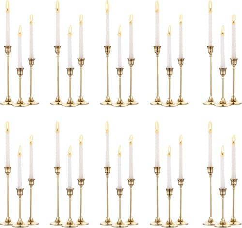 SylvaCraft Brass Gold Candle Holders Rustproof Taper Candlestick Holders for Holiday Party Table Centerpiece Wedding Fireplace Mantel Housewarming Gift(10 Sets(30 Pcs))