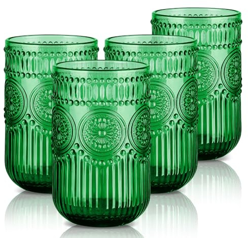 Joeyan Lot de 4 Verres à Boire, 410ml Grande Verres à Jus et Soda, Vintage Verres à Eau Design en Floraux Relief, Verre de Table Pour Whisky,Cocktail,Thé,orangeade, Lavable Lave-Vaisselle, Vert Foncé