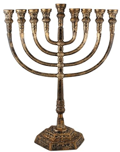Zion Judaica Extra große Menora im Tempelstil, 52,7 cm hoch, goldfarbener Chanukah-Kandelaber aus Aluminium, mit Jerusalem- und Trauben-Gravur, robuste Chanukkia, passend für Shabbat- oder