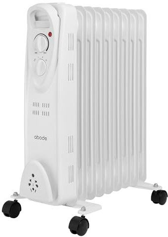 Abode 9 Fin Oil Filled Radiator 2000W Portable Electric Heater in White with 3 Heat Settings, Overheat Protection & Tip Over Protection, Portable with Integrated Handle AOFR9003 (White, 9 Fin)