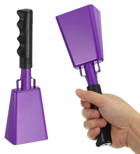 PATIKIL 10 Cow Bells for Football Games, 2Pcs Cowbells for Sporting Events Bulk Loud Noise Makers Metal Cow Bell with Handle for Cheering Competition Marathon Wedding DIY, Dark Purple