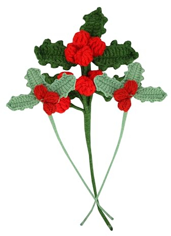 Talking Tables 3 steli natalizi all'uncinetto, 12 cm, fatti a mano, decorazioni natalizie con foglie di agrifoglio e bacche rosse, riutilizzabili, per ghirlande, vasi, tavoli, festa della mamma