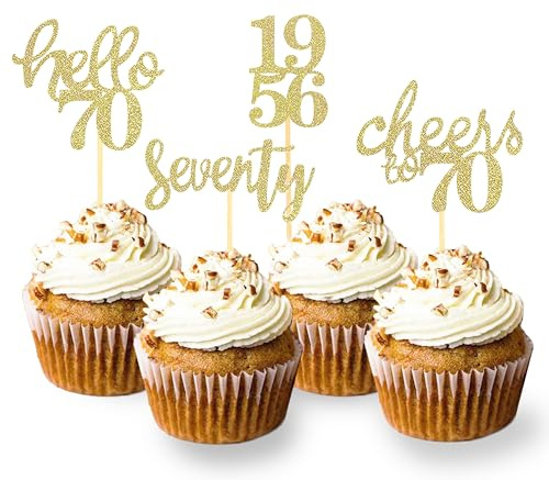 24 Stück Glitzer 70. Geburtstag Cupcake Topper, 70 Geburtstag Deko von 1956 für 70 Geburtstagsfeier Zubehör Party Dekoration Kuchendekoration (Neu Gold)