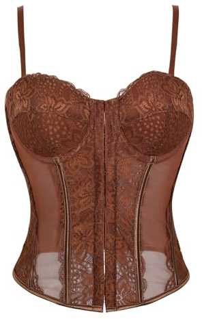 USOHJZ Blommig jacquard underbröstkorsett för kvinnor med elastisk midja och ribbor, bantning bustier, korsett, Brun, S