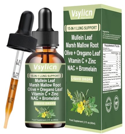 Vsylicn Lung Detox for Smokers | Natural Mullein Drops with Marshmallow, Olive Leaf, Oregano, NAC & Bromelain | Respiratory Cleanse, Reduces Damage from Smoking, Improves Lung Health