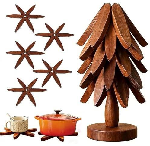 5-Layer Wooden Automatic Shrinking Trivets, Wooden Trivet Tree, Stackable Coasters Set for the insulation of cups, plates, bottles,pots, Home Decoration, Walnut
