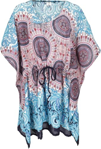 GURU SHOP Poncho Mandala Tunika Boho Kaftan Kurzarm Strandtunika | 100% Viskose, weit geschnitten, U-Ausschnitt, Tunnelzug, Free Size von 40-46, ideal für Boho-Outfits