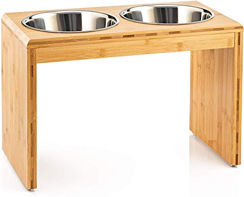 Migosset Futterstation - Erhöhter Futterspender für kleine, mittlere & größere Hunde - Futternapf-Halterung aus Bambus - Mit 4 Edelstahlnäpfen (groß)