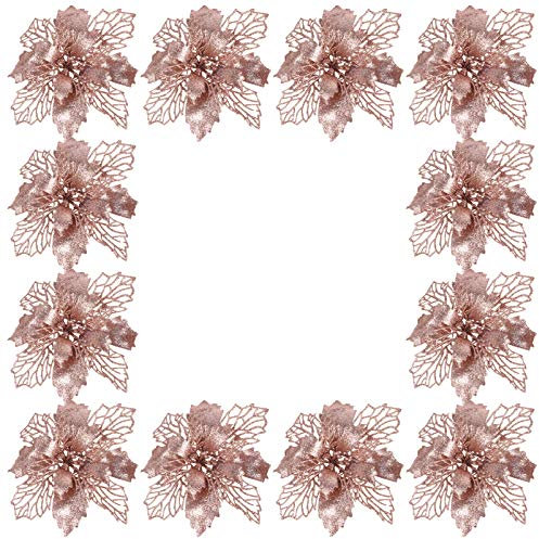 STOBOK 12St. Glitter Poinsettia Künstliche Weihnachtsstern Weihnachtsschmuck Christbaumschmuck für DIY Basteln Weihnachtsbaum Weihnachtskranz Dekorationen Roségold