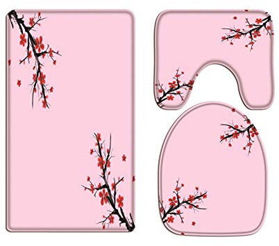 A.Monamour Badezimmer Badematte 3 Teilig Set Rosa Hintergrund Der Roten Pflaumenblumen des Aquarells Flanell WC Toilette Deckel Deckt Bad Matte Teppich Badteppiche Badvorleger Badgarnitur Vorleger