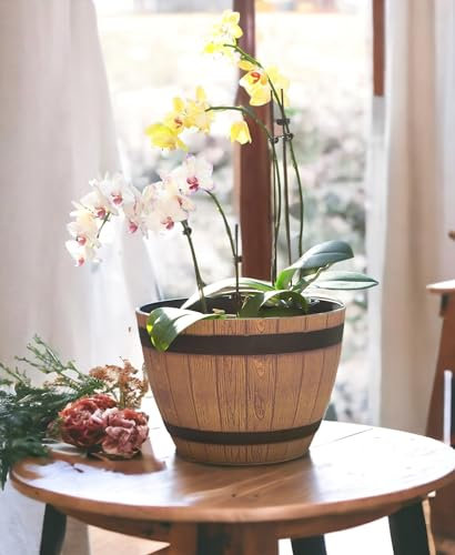 Jinfa Blumenkübel Kunststoff Holzfass-Optik | Farbe Walnuss | Design Weinfass Ø 38 cm | Pflanzkübel Übertopf Balkon, Garten & Terrasse | Robust & Wetterfest