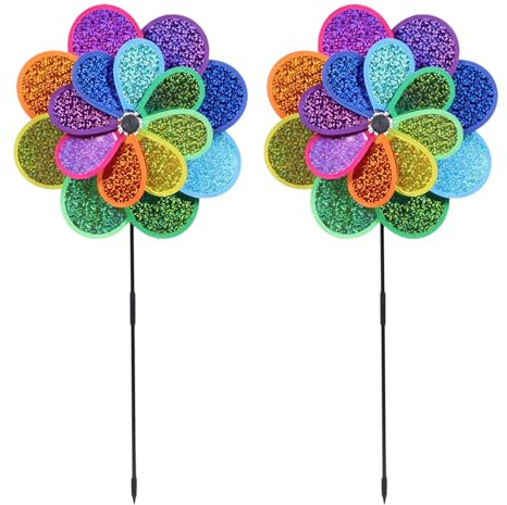 Happyyami 2 Sets Rainbow Pinwheels Wind Spinners Kids Windmill Children Toy Garden Windmill Stake Garden Yard Lawn Shopping Mall Decoration Windmill Whirl Pinwheel