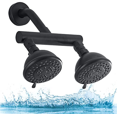 High Pressure Double Shower Head with Shut-Off Valve and Shower Arm Set Solid Brass Casting Dual Outlet Manifold Dual Shower Fixed Head 3 Function Shower Heads Sprayers, Matte Black