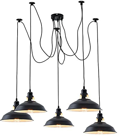 LEDSone Vintage 5 Kopflampe Spinne Lampe Pendelleuchte Höhenverstellbar Metall Schwarz Scheunen-Lampenschirm Retro Industrie Deckenleuchte Kronleuchter mit E27 Fassung - Gebürstetes Kupfer